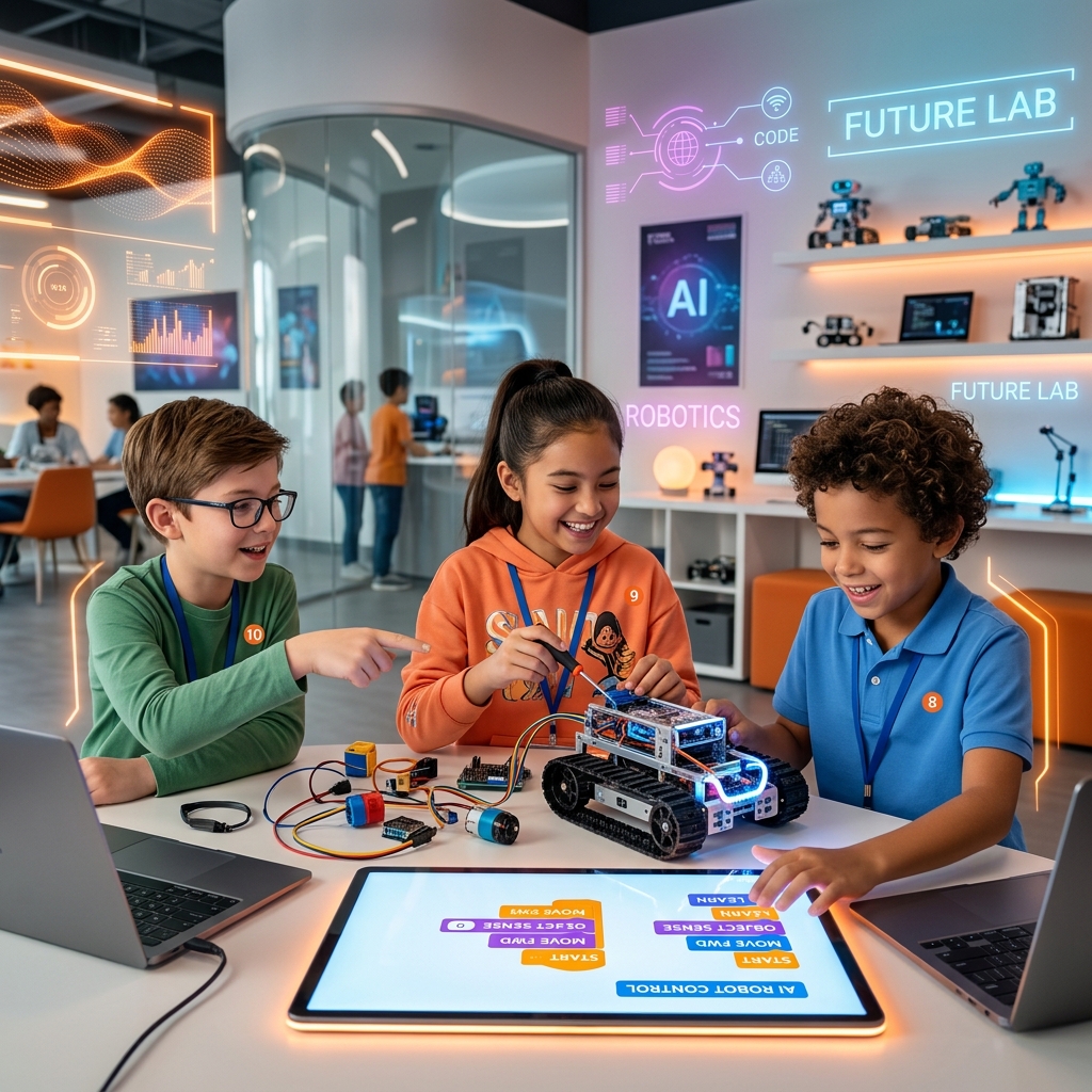 Children learning coding, robotics, and AI with STEMpedia logo and Quarky kit tools